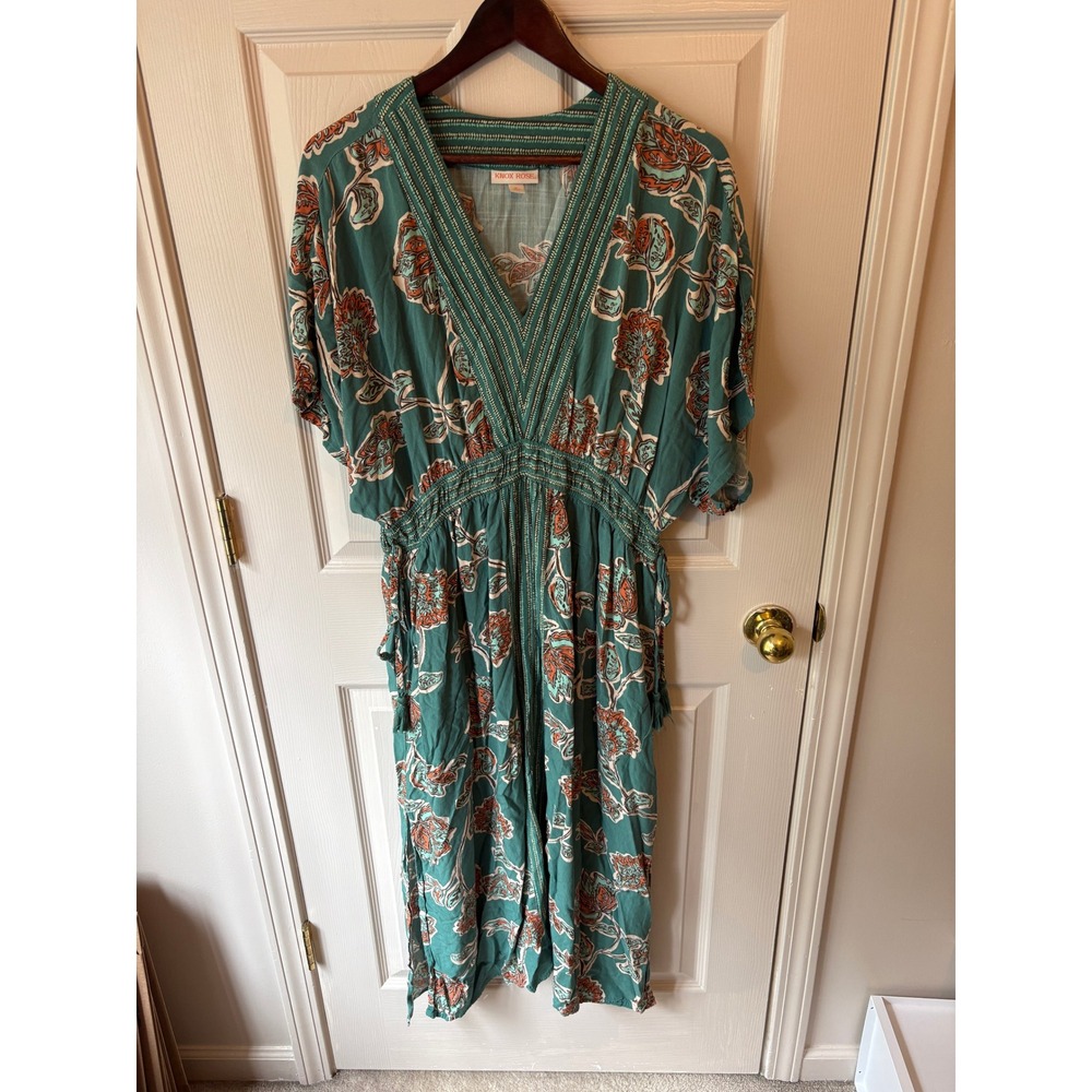 Knox Rose Midi Dress Womens XL Teal Floral Boho Smocked Waist Pocket